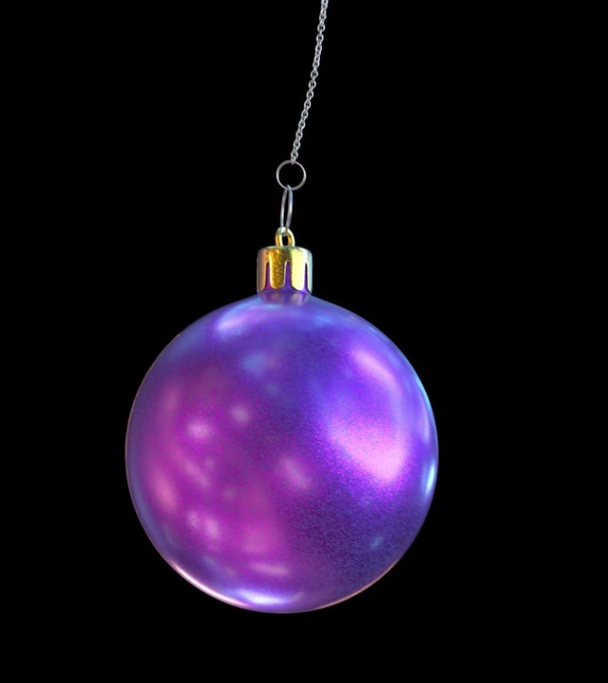 深紫色的圣诞树装饰品在银色的链子上垂下和摇摆。透明背景上的垂直4K动画