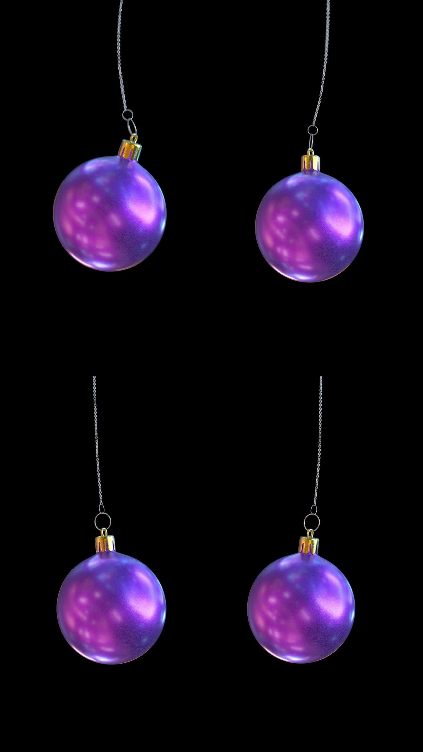 深紫色的圣诞树装饰品在银色的链子上垂下和摇摆。透明背景上的垂直4K动画