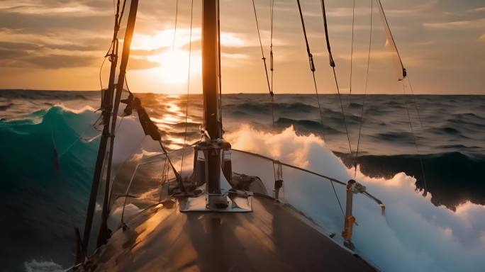 帆船海浪巨浪航拍海上日出日落海岸慢镜头