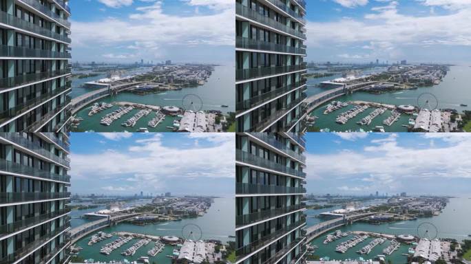 现代高层建筑的基座在阴天对着港口的广阔视野拍摄。世界邮轮之都，欢迎旅客享受奢华生活