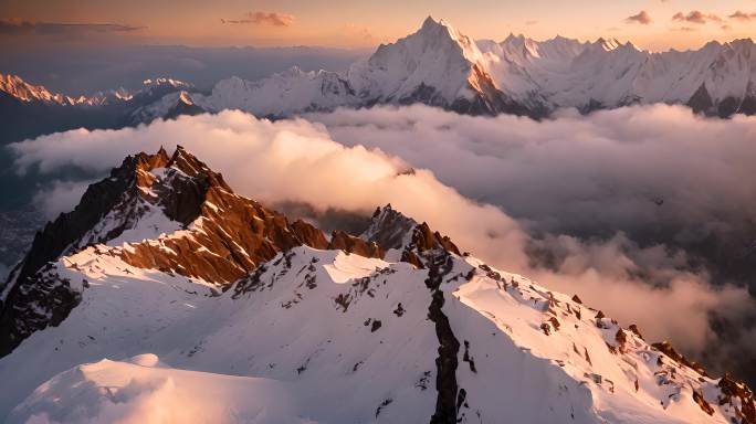 航拍雪山日落云海云层俯瞰大地大气震撼流云