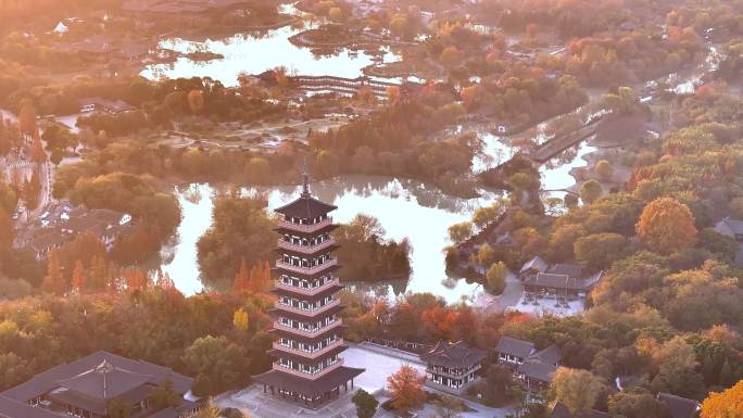 航拍扬州瘦西湖风景区大明寺日出清晨