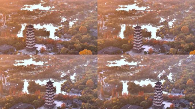 航拍扬州瘦西湖风景区大明寺日出清晨