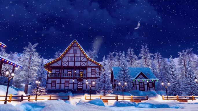 雪山小镇在下雪的冬夜