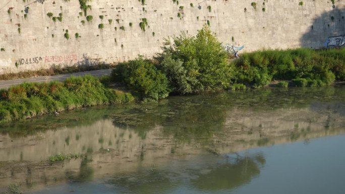 远观意大利的台伯河流经罗马，在砖墙前筑起了河堤，河堤变浅，杂草丛生