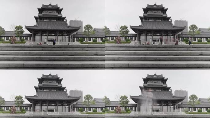 8K延时拍摄广州新文化馆建筑前参观的市民