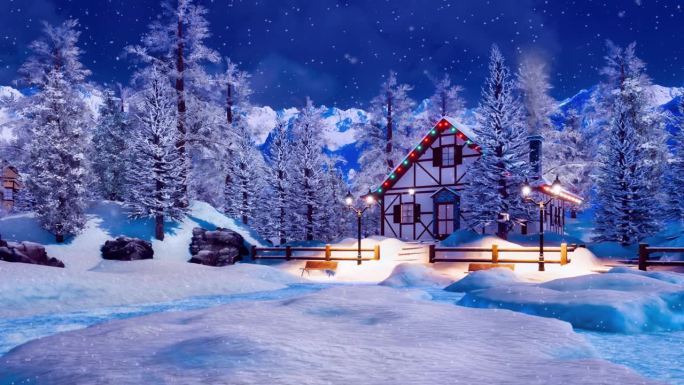 圣诞雪夜，山间小屋灯火通明