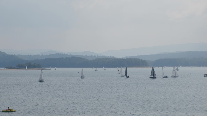暑假在湖边。成群的帆船在蓝色的水面上伸展到地平线