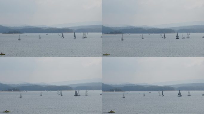 暑假在湖边。成群的帆船在蓝色的水面上伸展到地平线