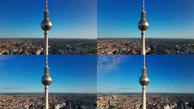 鸟瞰实时镜头的柏林电视塔或电视塔在亚历山大广场，这是全景城市景观在柏林，德国