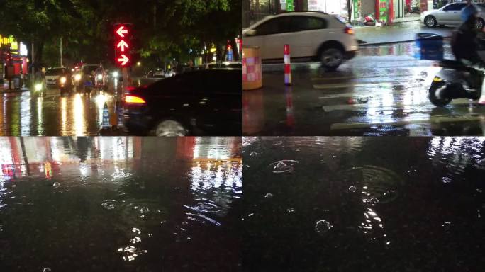 雨夜夜间车流街道照明雨夜城市汽车逆光