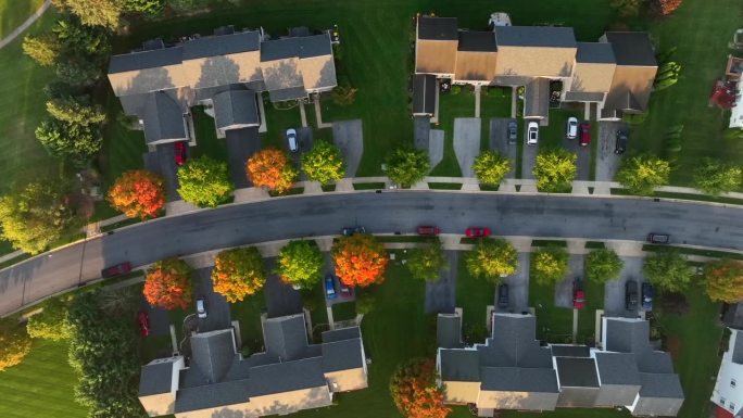 美国的郊区社区。联排别墅和秋天树木的鸟瞰图。