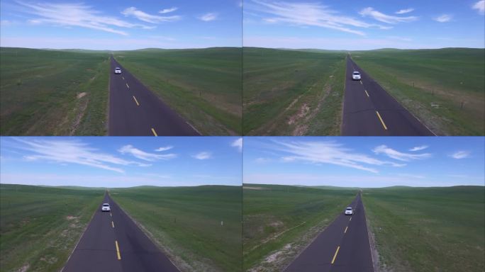 内蒙古草原公路汽车航拍