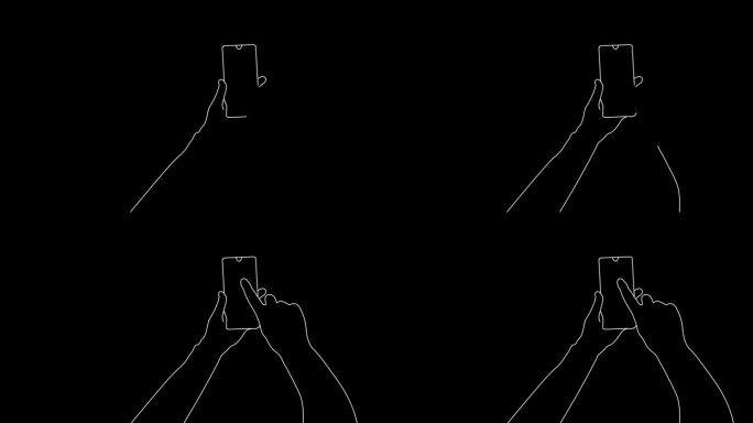 用手点击手机在黑色背景上绘制单线动画。智能手机在手