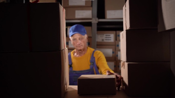 在仓库工作的老工人，取包裹，扫描条形码，把箱子放到货架上。在仓库工作的老年男性商务人士