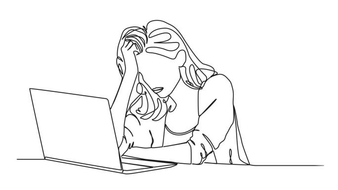 动画单线画的压力和沮丧的女人使用笔记本电脑