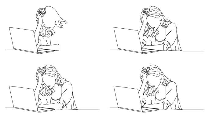 动画单线画的压力和沮丧的女人使用笔记本电脑