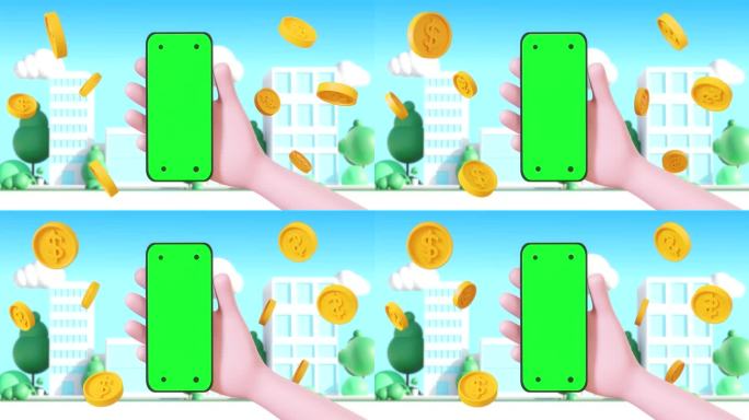 3d动画商人手卡通显示在智能手机绿屏自定义文字或广告，硬币显示赚取利润，城市背景。