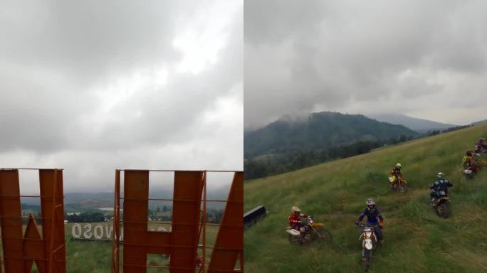 垂直视频。一群耐力摩托车手在山上休息。FPV运动无人机