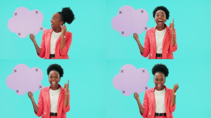 快乐的非洲妇女，演讲泡泡海报或庆祝活动回顾，成功或脸由蓝色背景。女孩，获胜者和纸质广告牌推广，创意和