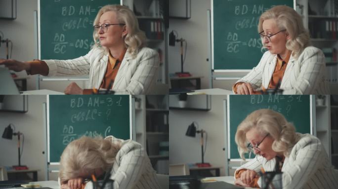 精疲力竭的女教师完成了在线课程，沮丧地关上了笔记本电脑