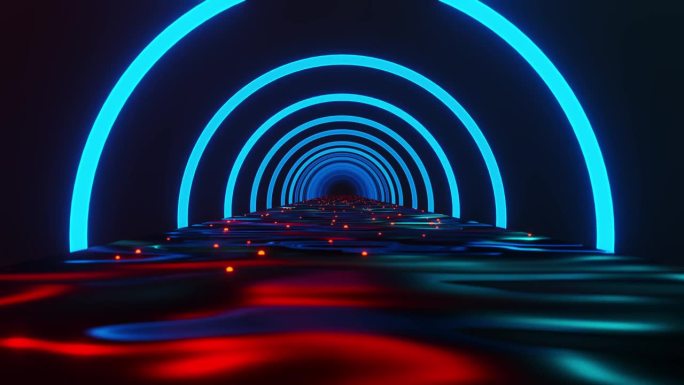 隧道有闪烁的蓝色半圆和反光地板。循环动画