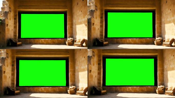 绿幕:古建筑墙上大窗户上的绿幕或色度键