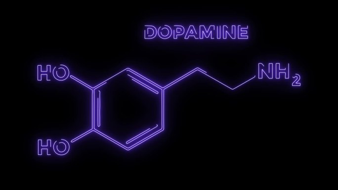 多巴胺分子公式发光的霓虹灯轮廓内外动画。4 k