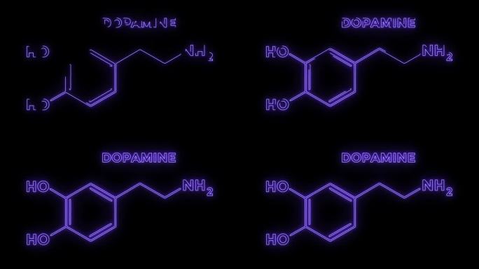 多巴胺分子公式发光的霓虹灯轮廓内外动画。4 k