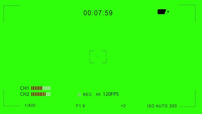 专业相机屏幕记录覆盖在绿色背景。取景器显示界面与Iso，光圈，快门速度和白平衡参数和设置。视频记录4
