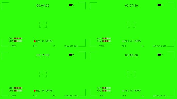 专业相机屏幕记录覆盖在绿色背景。取景器显示界面与Iso，光圈，快门速度和白平衡参数和设置。视频记录4