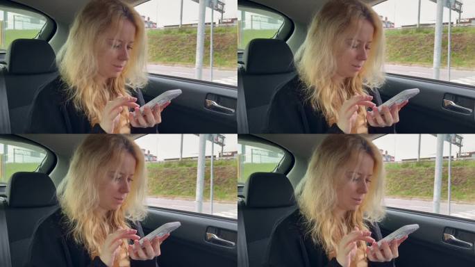 一名女子在汽车副驾驶座位上用手机订餐，在网上约会，用移动设备聊天，在网上预订酒店和机票