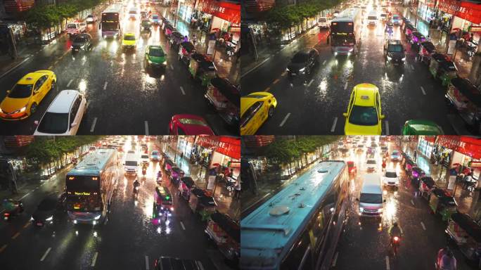 在一个雨夜的城市里，许多五颜六色的汽车和公共汽车行驶在潮湿的柏油路上。