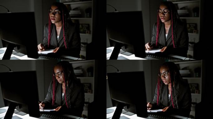 工作的夜间魔术，非洲裔美国女商人摇滚它在办公室，做笔记和应付视频通话。她描绘出成功的样子，自信地控制