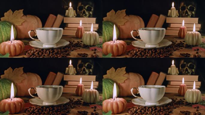抚慰风韵，秋咖啡景。怀旧，复古的诱惑。蜡烛闪烁。
