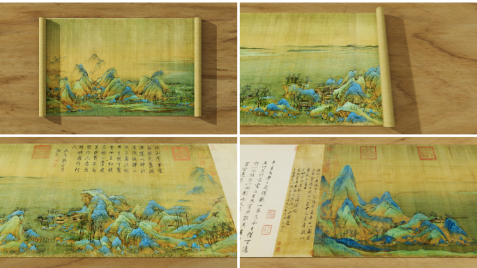 4K 千里江山图卷轴打开 王希孟