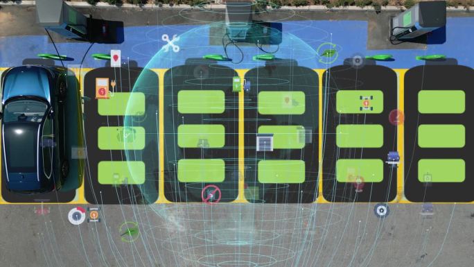 电动汽车行驶的鸟瞰图。停放在充电站的电动汽车的4K鸟瞰图。