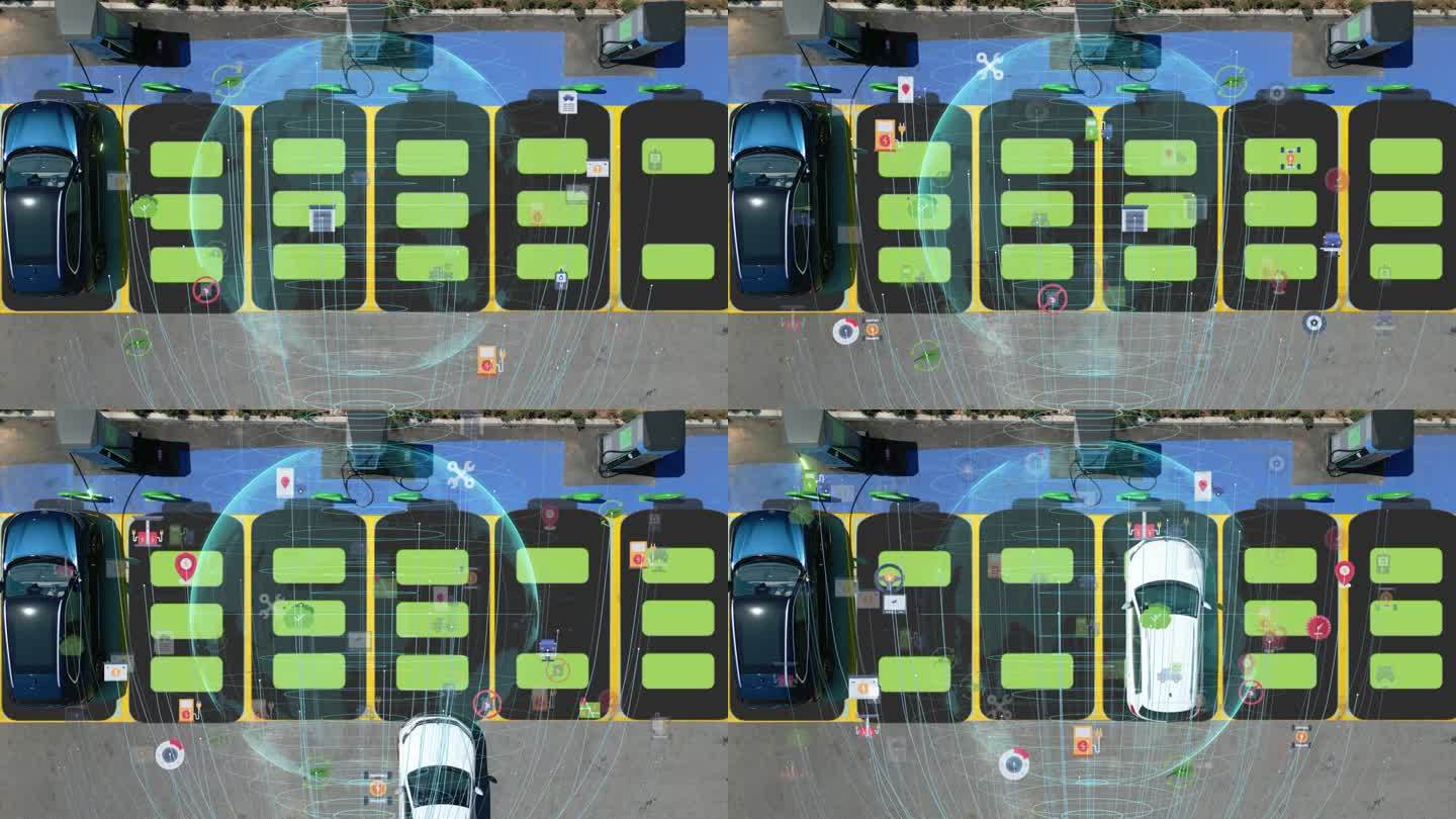电动汽车行驶的鸟瞰图。停放在充电站的电动汽车的4K鸟瞰图。