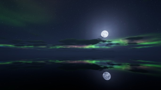 4K月光 星空 极光 平静湖面 云层飘动