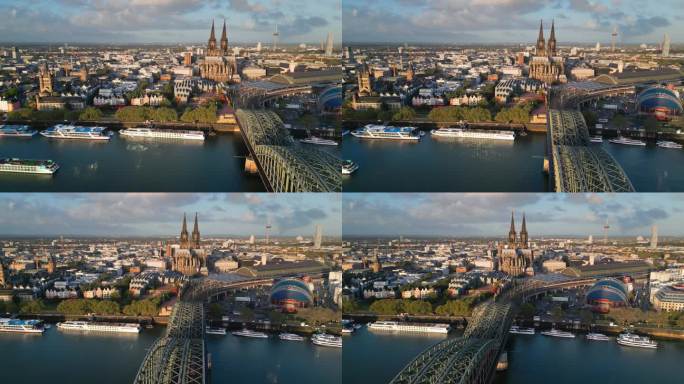 鸟瞰科隆大教堂，科隆中央车站和音乐圆顶在霍亨索伦桥与火车运行在日落时间在科隆市中心，德国的实时镜头