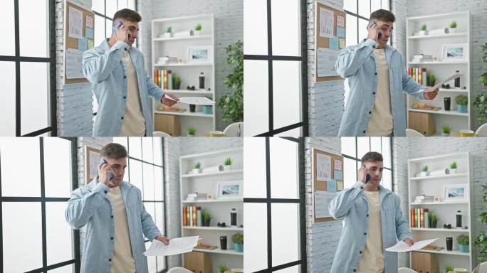 年轻英俊的西班牙裔男子在工作中全神贯注地在电话中交谈，昂首挺立在他的办公室里，以一种放松而专注的表情