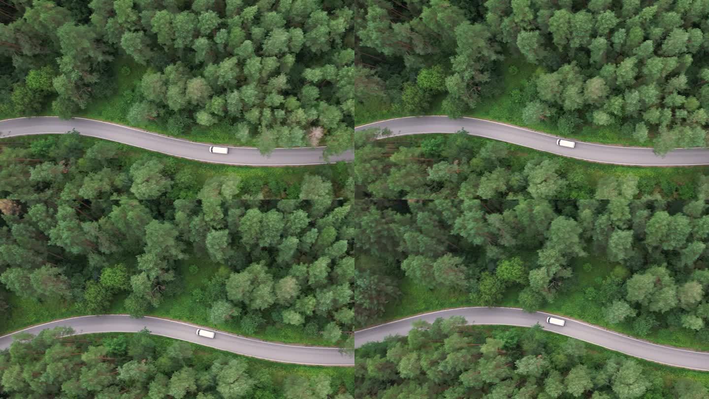 鸟瞰图夏日，白色轿车行驶在柏油路上，穿过广阔的森林。汽车在松林道路上行驶的航拍照片。穿越森林的公路旅