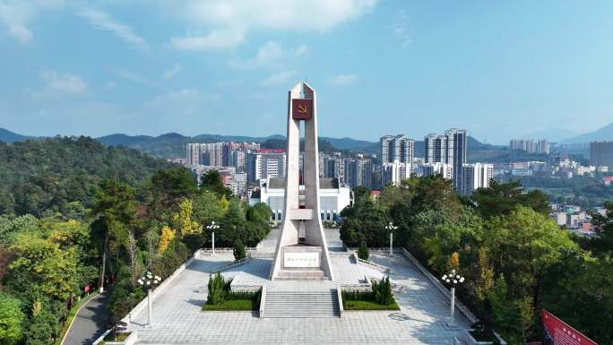 湖南郴州湘南起义纪念塔航拍正面环绕