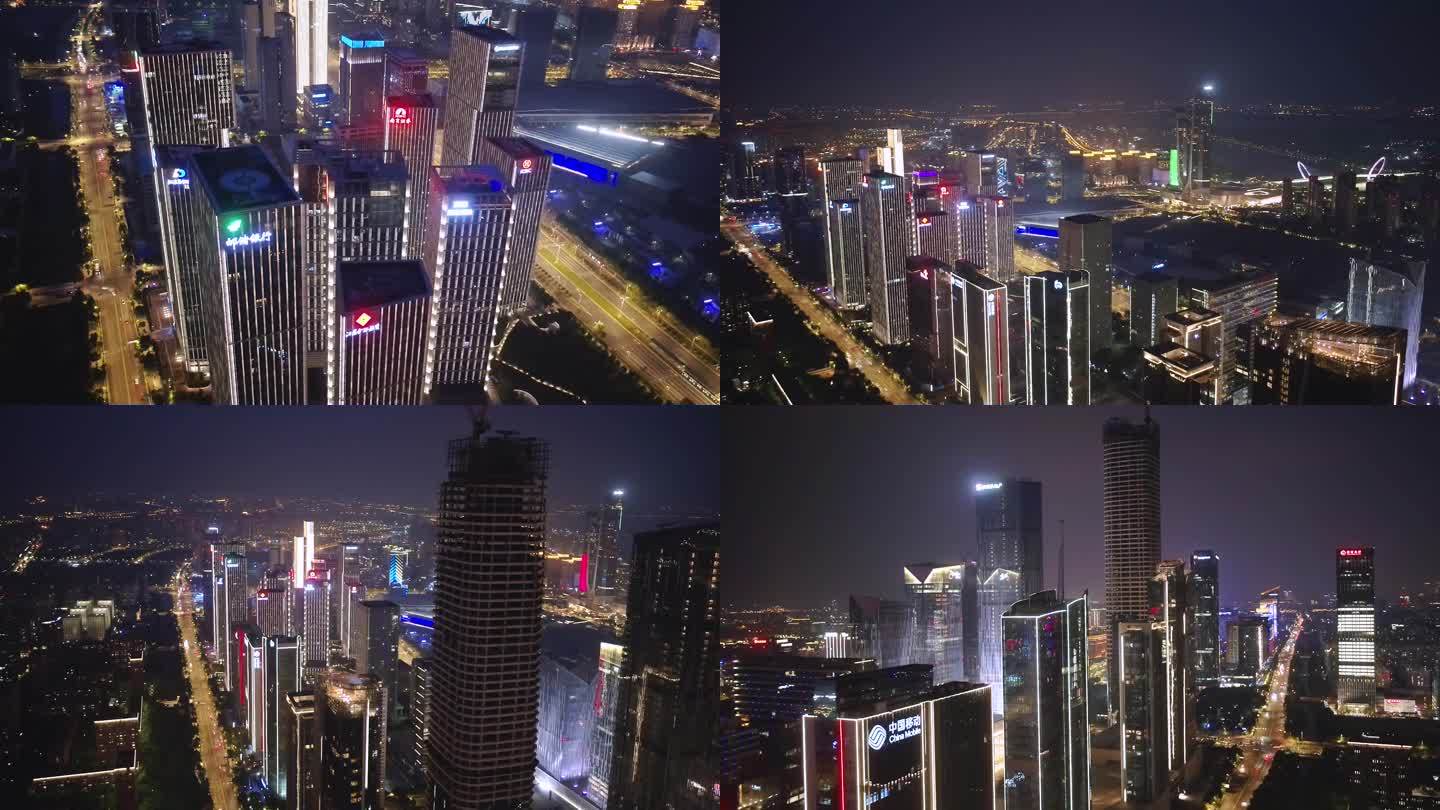 南京建邺区奥体CBD中心航拍夜景素材4K