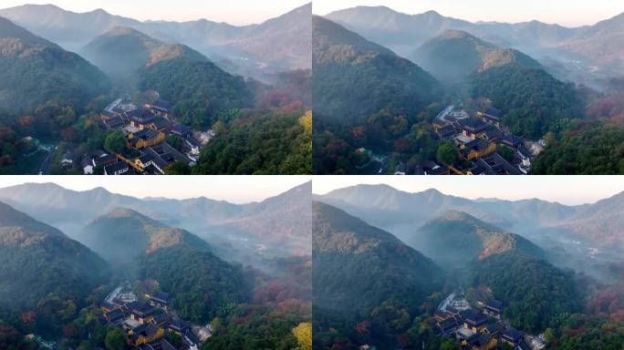 杭州清晨云雾缭绕的森林与公路