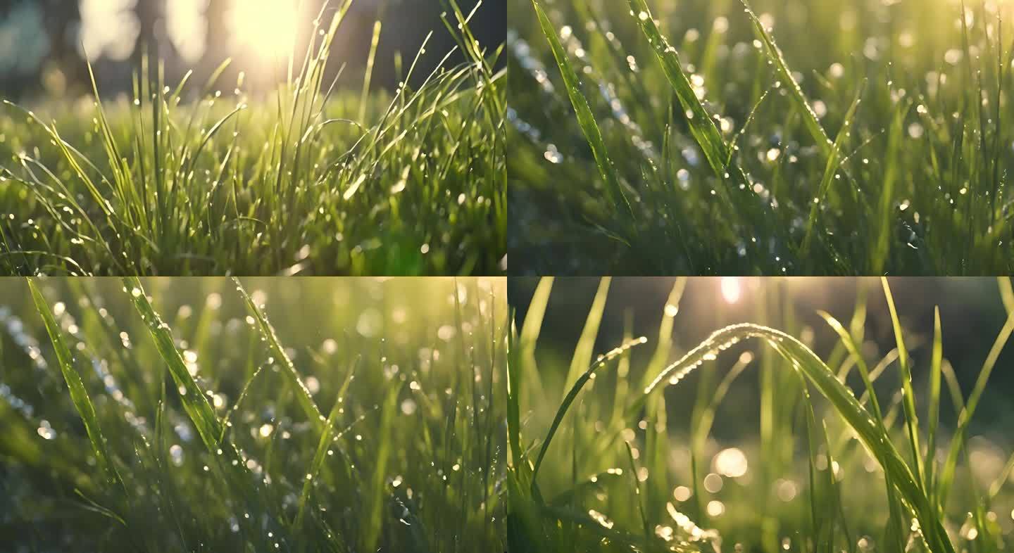 晨露中的绿草清晨露水阳光绿色生态草地