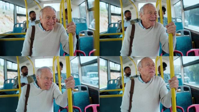 旅游、旅游和老人乘坐公共交通工具，上下班或观光期间乘车。微笑，退休和一个快乐的老人在长途汽车或小巴作