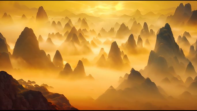 金色晨雾和山脉场景