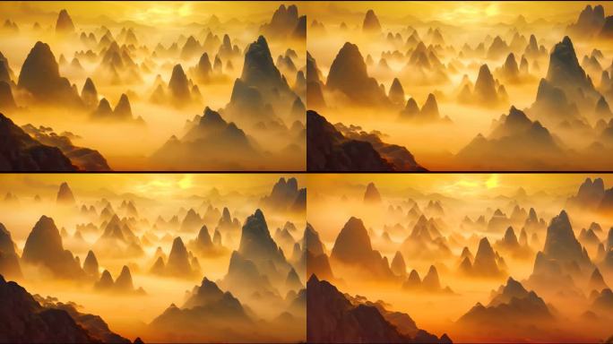 金色晨雾和山脉场景