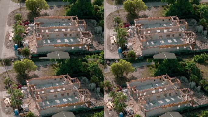 佛罗里达的家庭建筑工地。无人机拍摄的建造私人住宅的画面。无人机自上而下拍摄